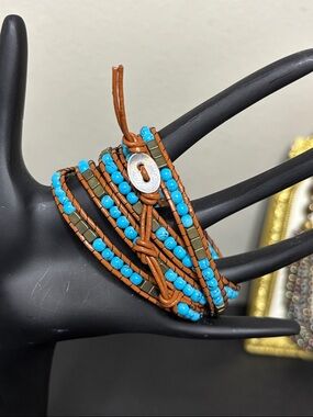 Florence Scovel Turquoise Bead Wrap Bracelet with Brown Leather Boho Festival